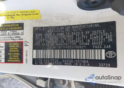 2012 Toyota Camry Se из США, поврежденный, VIN 4T1BF1FK5CU190621